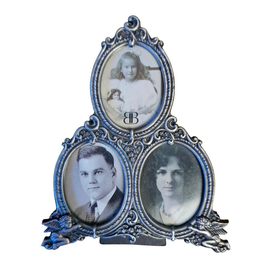 Vintage Burnes of Boston 3 Picture Frame Silver Pewter Cherub Victorian Ornate